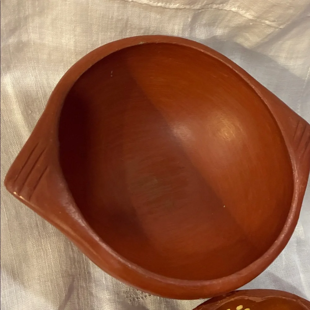 Hand Thrown Red Ware Pottery Bowls With Decorative Accents Red Ware Green Yellow